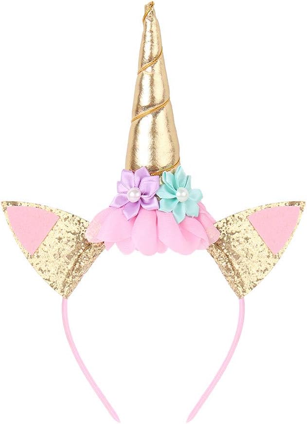Ruiqi Unicorn Headband Unicorn Birthday Rose Flower Headband Unicorn Party Halloween Christmas Animal Ears (Gold)