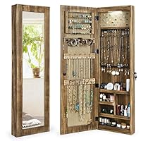 SRIWATANA Jewelry Armoire Cabinet, Solid Wood Jewelry Organizer with Full Length Mirror Wall/Door Mounted(Carbonized Black)