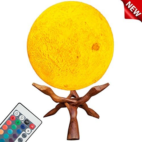 SensoryMoon Extra Large 7.9 in 3D Moon Lamp Night Light with 20 Color Remote, 2 Cool Wood Stand Bases, USB AC Plug is Best Hanging Printed Moonlight Globe Ball for Kids Room Baby Nursery Bedroom Decor
