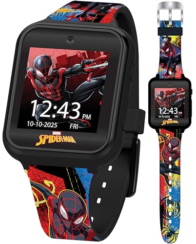 Spider-Man Kids LED Smartwatch with 10 Watch Faces, Flashing LED Bezel, Step Counter, Selfie and Video Camera, Timer, Stopwatch, Alarm, Calculator, Fun Games, and 3 Wallpapers – Fits Wrists 5.5