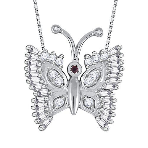 Round and Baguette Cut Ruby Diamond Butterfly Pendant in Sterling Silver (3/8 cttw)(Color-GH I1 Clarity)