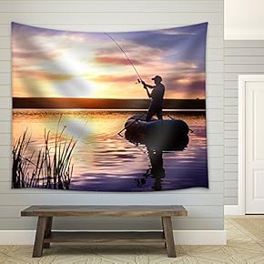 Mature Man Fishing from The Boat on The Pond at Sunset - Fabric Wall Tapestry Home Decor - 51x60 inches