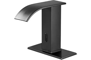 YCCUZA Automatic Touchless Bathroom Sink Faucet Black Waterfall AC/DC Powered Motion Sensor Faucet Hands Free Tap with Control Box and Temperature Mixer Sensor Electronic Lavatory Vanity Sink Faucet