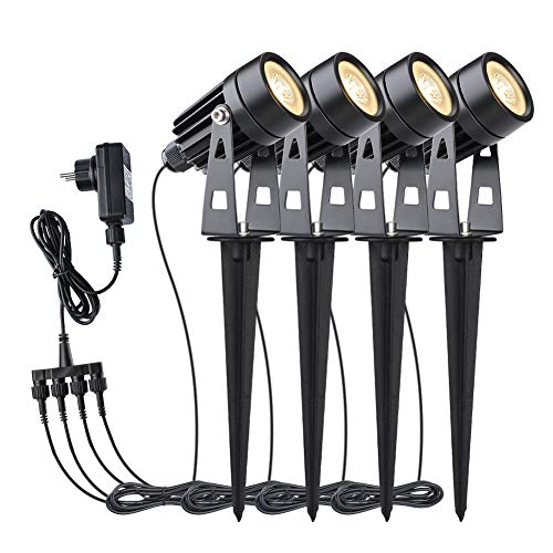 GEEDIAR LED Gartenbeleuchtung, 4 Stücke, Warmweiß 3200K Gartenleuchte mit Erdspieß, IP65 Wasserdicht LED Gartenstrahler mit Stecker, Gartenlampe für Außen Garten Rasen Dekorative