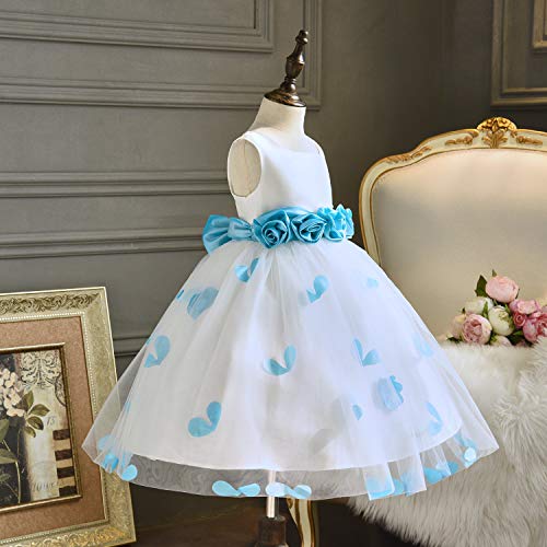 Girls Tutu Bow Dress Petals Princess Flower Dress with 3D Roses for Birthday Wedding Party (5, Blue)