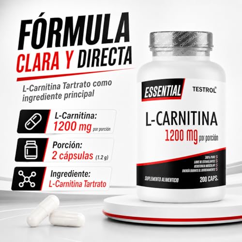 Carnitina Essential 1200mg por porción, L Carnitina Tartrato libre de Estimulantes para Hombre y Mujer, Calidad Premium | Testrol L-Carnitina Essential | TSN (200 CAPSULAS).