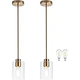 MAYNA 2-Pack Brushed Brass Pendant Lights, Elegant Glass Hanging Lighting with Bulbs, Adjustable Rods Modern Fixtures for Kit