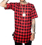 LILBETTER Mens Hip Hop Hiphop Streetwear Tops Side Zipper Plaid Swag Tshirt Style (Red,XL)