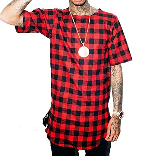 LILBETTER Mens Hip Hop Hiphop Streetwear Tops Side Zipper Plaid Swag Tshirt Style (Red,XL)