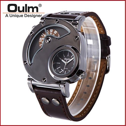 OULM watch,Mens Dual Time Quartz Analog Wrist Watch with Unique Dual Dial Design,Steel Case,Comfortable Leather Band,Two Time Zone - Black (F, 1)