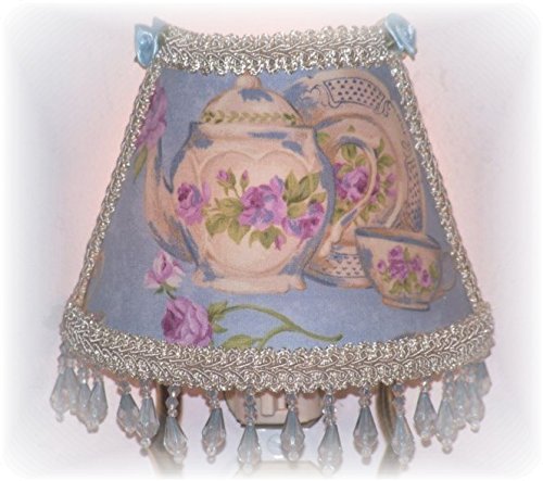 Teapot Teacup Plate Purple Roses Blue Night Light with Lt Blue Beading