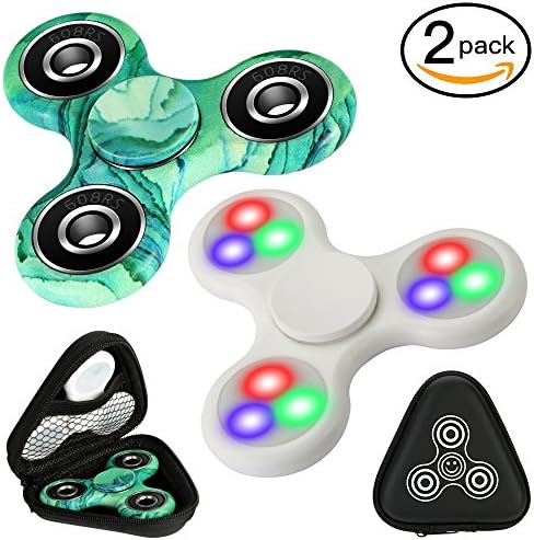 2 Pack of Hand Fidget Spinner Toys, Smooth & Quiet & Fast & Balanced Ceramic Bearing and Durable Tri-Spinner , Passed Drop Test for ADD, ADHD, Stress Relief.(Glow White and Gem Green)
