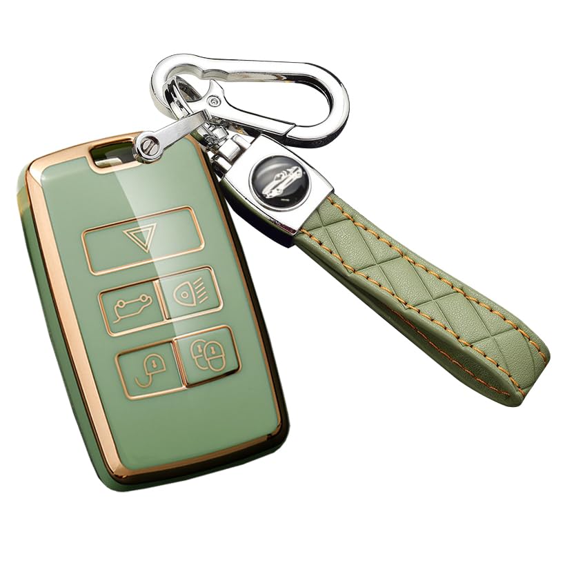 HIBEYO Smart Car Key Case Fits Protective Case Key Cover TPU for Jaguar XE XF XJ Range Rover Sport Evoque Velar Smartkey Key Ring Remote Key 5 Buttons (B Green)