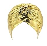 Pusheng Radiant Pleated Stretchable Polyester Bathing Turban Hat Head Cover Sun Cap Golden