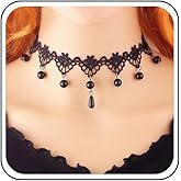 Yheakne Boho Black Lace Choker Necklace Short Teardrop Crystal Pendant Necklace Hollow Lace Collar Necklace Punk Lace Necklace Chain Jewelry for Women Halloween Gifts