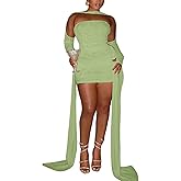 Women Sexy Strapless Tube Top Mesh Layered Mini Dress Bodycon Ruched Side Ribbons Bandage Dress Birthday Dresses