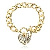 Doinshop 8.5 Inch 12mm Goldtone Clear Iced Out Heart Cuban Link Toggle Bracelet
