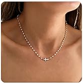 LUXU kisskids Pearl Cross Necklace, Gold Necklace for Women Pearl Station Cross Charm Dainty Hypoallergenic 18K Gold Plated Stainless Steel Gold Choker Necklaces for Women