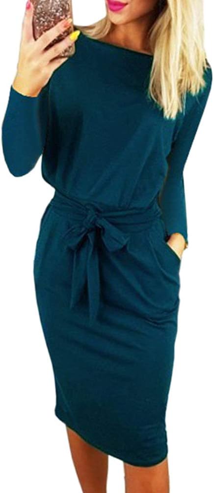 Women's Elegant Wear to Work Casual Pencil Dress with Belt