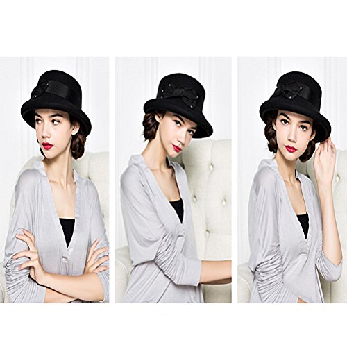 Maitose Women's Bow Flowers Wool Felt Bowler Hat Black