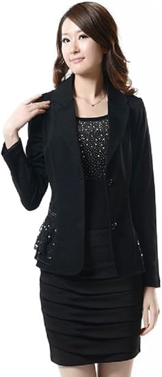 Amazon レディース カジュアル エレガント スウィート 春夏物 大きいサイズ ジャケット スーツ 長袖 無地 ワンピース レース プリーツ シングル 薄手 フレア 通勤 通学 旅行 美脚 スリム セレブファッション かわいいスカーフ付き At0477 ワンピース チュニック 通販