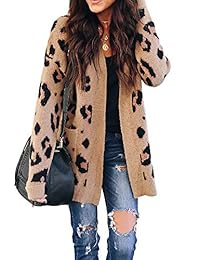 Chang Yun Mujeres Leopardo Cardigan Suéteres Open Front Knit Kimono Manga Larga Boyfriend Casual Abrigo Outwear con Bolsillos