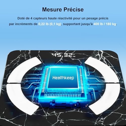 Balance Pèse Personne, Healthkeep Balance Impédancemètre Bluetooth Balance Connectée Haute Précision avec App 13 Indicateurs pour Andriod et iOS Max 180kg/400lb/28st, 28 * 28CM - Marbre Noir