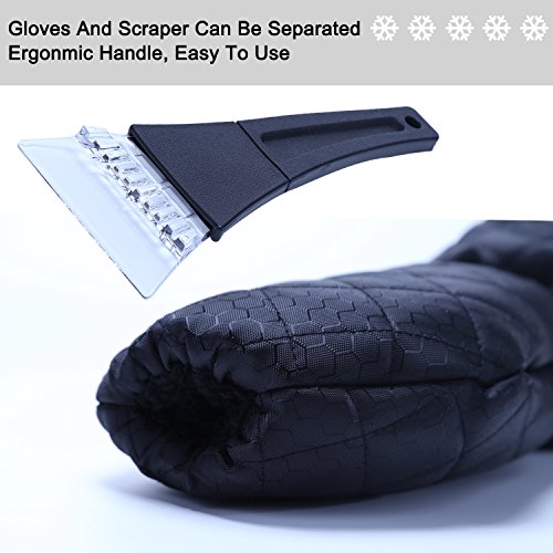 Ice Scraper Mitt For Car Windshield Snow Scrapers with Waterproof Glove Lined of Thick Fleece + Carry Pouch (Black)