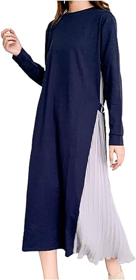 Amazon エムエルーセ ５種類展開 サイド プリーツ ロング ワンピース バイカラー プリーツワンピース 春 夏 秋 長袖 レディース ワンピース チュニック 通販