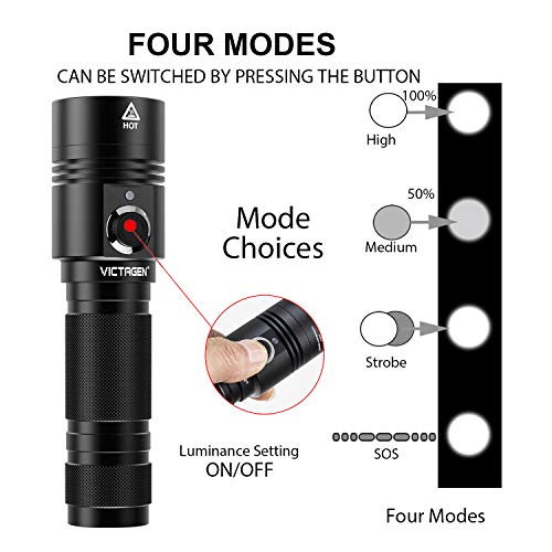 Victagen Tactical Flashlight, 2-in-1 Rechargeable LED Torch Light & Bike Front Light with Mount, CREE LED 1000 Lumens,IP65 Water-Resistant,4 Light Modes for Hiking Camping Commuting (Battery Included) - Thumbnail 6