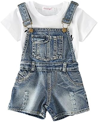 Chumhey Girls/Boys 2Pc Big Bib Jeans Shortalls Set T-Shirts Pants,Blue,10-12 Years