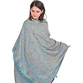 Exotic India Women Reversible Jamawar Wool Shawl with Woven Flowers | Ethnic Beautiful Floral Weave Stole, Dupatta