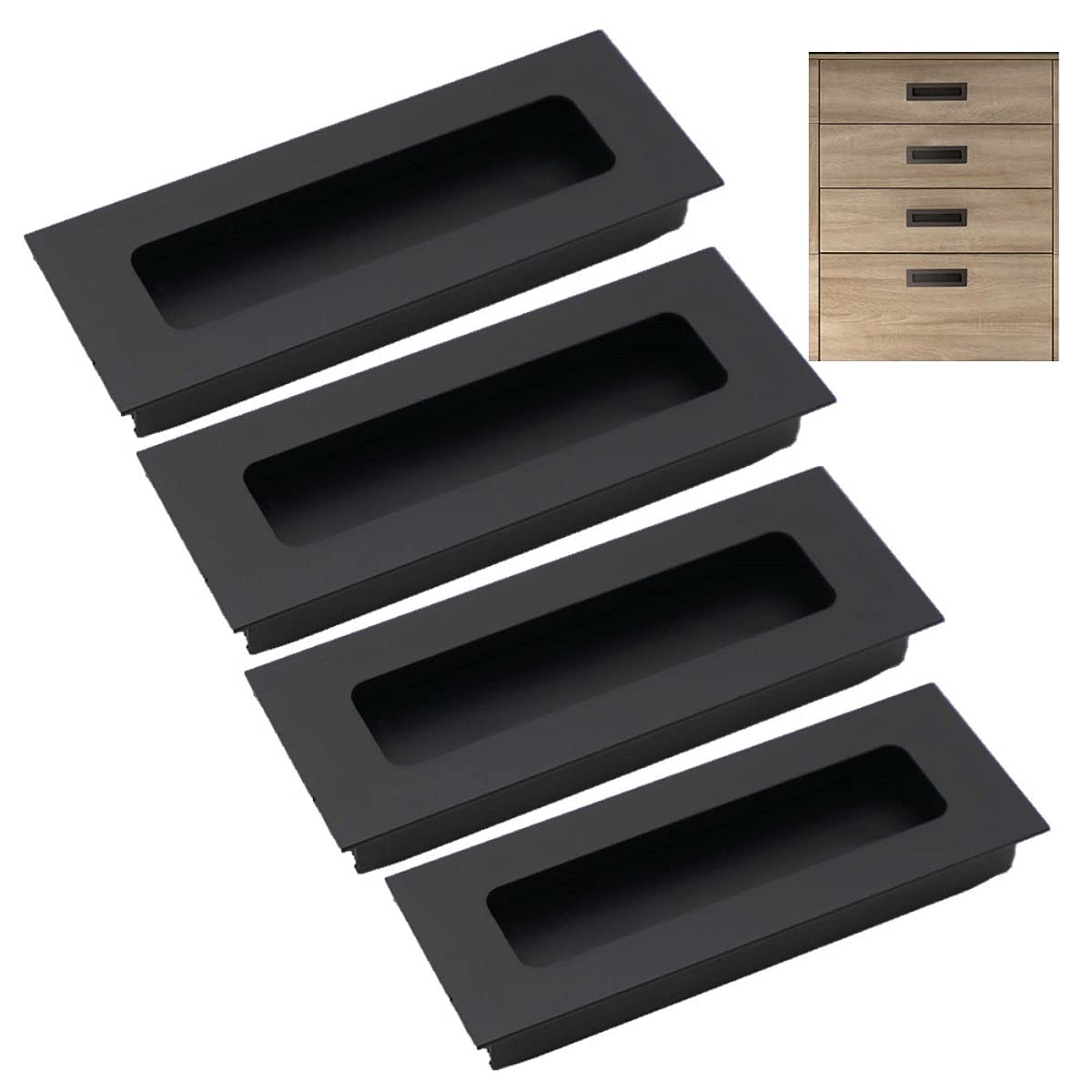 Dreneco 4pcs Aluminium Alloy Recessed Handle Sliding Door Cupboard Wardrobe Flush Pull Hidden Handles Black (Hole Distance 64mm)