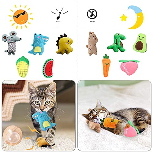 AZOFFYIU Catnip Toys Kitten Supplies Interactive Catnip Toys for Indoor Cats Squeaky Crinkle Catnip Toy Gift for Cat Lovers Dental Health Chew Toy Set of 10 with 5pcs Silvervine Sticks