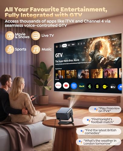 Smart Projector with Google TV, 1200 ANSI Native 1080P 4K Decode Home Cinema Projector Movie Short Throw with 360 Stand, 30W Speaker, AI Auto Focus, 6D Keystone, HDR10 Projectors for Bedroom, Outdoor