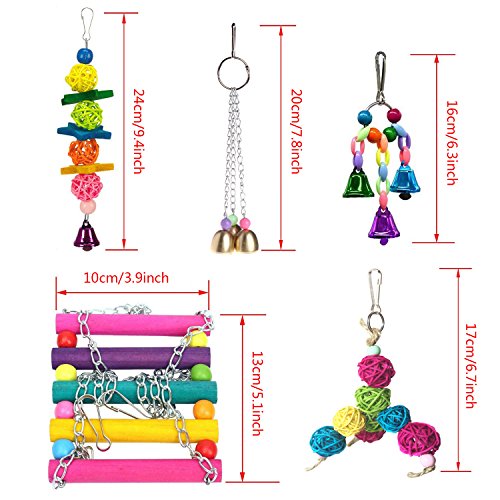 Vehomy Pack of 5 Bird Chewing Toy Bird Hanging Bell Bird Ladder Pet Bird Cage Hammock Swing for Parakeets, Cockatiels, Macaws, Parrots, Lovebirds, Finches - Thumbnail 6