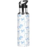 Blueangle 20oz Blue Ribbon Bow Water Bottle, Double Wall Vacuum Stainless Steel Water Bottle Leak-Proof Sports Bottle for Camping Workouts Gym and Outdoor