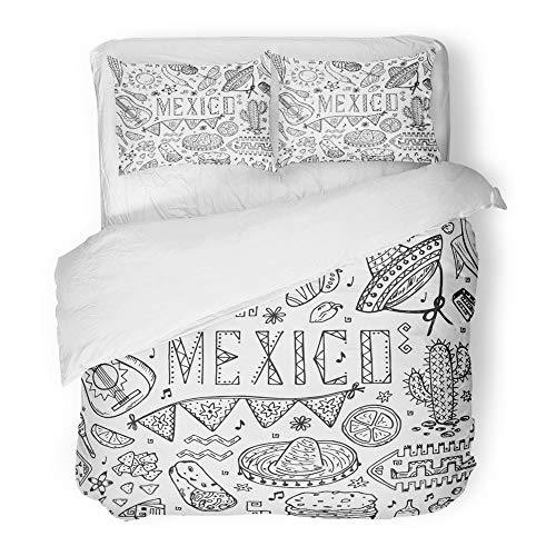 Emvency 3 Piece Duvet Cover Set Brushed Microfiber Fabric Breathable Food Mexican Mexico Doodle of Culture Black and White Tortilla Chips Sketch Bedding Set with 2 Pillow Covers King Size