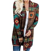 Women's Boho Aztec & Paisley Printed Open Front Cardigan, Long Sleeve Multicolor Ethnic Pattern Casual Layering Jacket