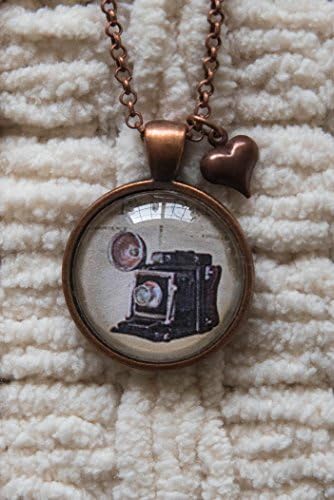 Vintage Pendant, Inspirational Pendant, Antique Copper Round Glass Dome 1" Pendant, Vintage Camera Jewelry, Rolo Link 24", Antique Copper Heart Charm included.