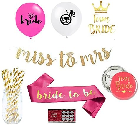 Bachelorette Party Decorations and Supplies Kit: Set includes - Pink and White Balloons for Decor, Bride to be Sash, Miss to Mrs. Gold Banner, Scratch off Funny Night Out Games, Pack of Tattoos
