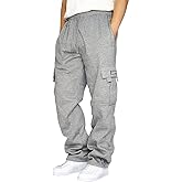 Men's Heavyweight Fleece Baggy Cargo Sweatpants,Drawstring Pants with Pockets,Straight Leg Casual Joggers for Hiking Athletic