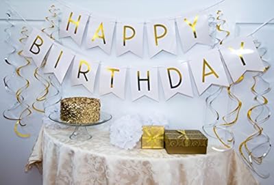 Birthday Party Pack - White Happy Birthday Bunting, Poms, and Swirls Pack- Birthday Decorations - 21st - 30th - 40th - 50th Birthday Party Supplies