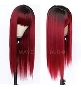 Maycaur Red Color Synthetic Hair Wigs with Full Bangs Black Red Ombre Color Long Straight Women's...