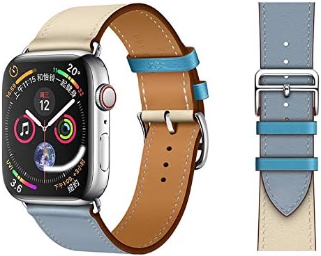 UooFrom Leather Band Compatible with Apple Watch Band 38mm 40mm 42mm 44mm, Luxury Genuine Leather Bands Replacement for iWatch Series 5/4/3/2/1 (Blue/Craie, 42mm(S1、S2、S3)/44mm(S4、S5))