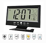 BESTWYA Digital Alarm Clock,Multifunction Sound Control Silent LCD Digital Large Screen Digital Clock, Time/Calendar/Week/Temperature Display, Snooze (Black)