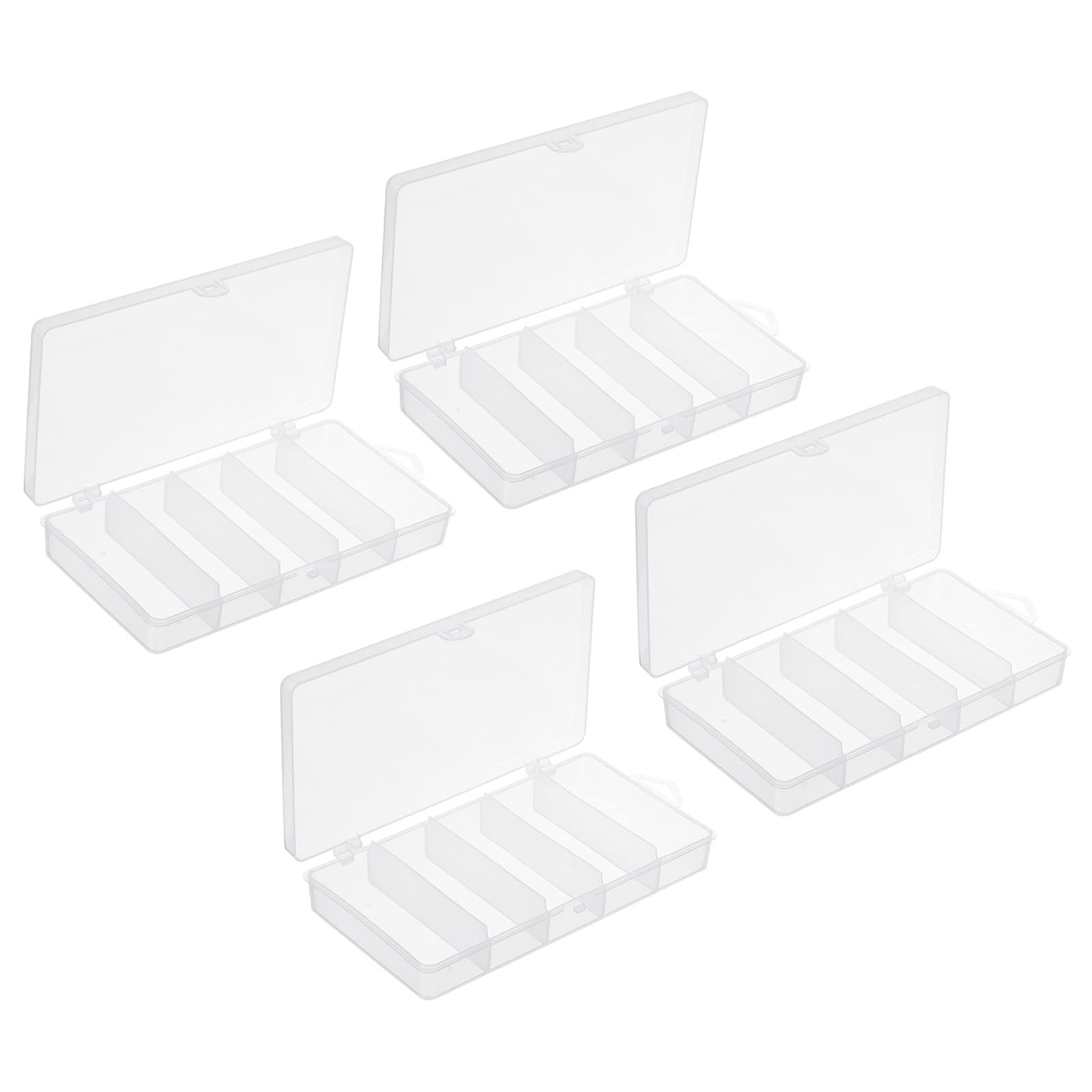 PATIKIL Fishing Tackle Box, 4 Pack 6.9 x 3.5 x 1.1 Inch Plastic 5-Grid Fish Lure Bait Hooks Accessory Storage Container, Clear