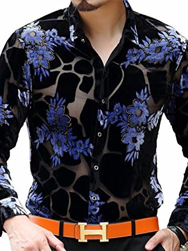 Bestmail Mens Velvet Hollow Floral Print Button Down Shirt