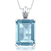 925 Sterling Silver Gemstone Birthstone and Diamond Pendant Necklace | Emerald Cut 18X13MM Center Stone & Round 1.8MM Accent | Fine Jewelry Gifts for Her Mom Women Wife | With 18 Inch Chain