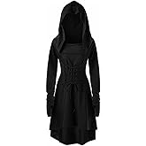 Cicy Bell Womens Renaissance Costumes Hooded Robe Halloween Lace Up Hoodie Dress Vintage High Low Medieval Cloak